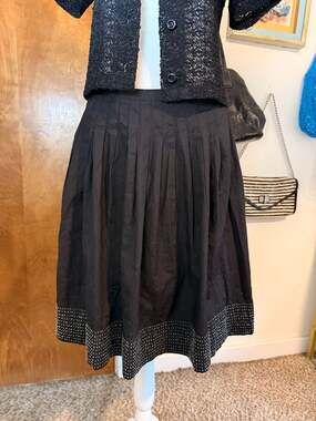 Vintage Talbots Petites Black Pleated Beaded Cotton Midi Skirt